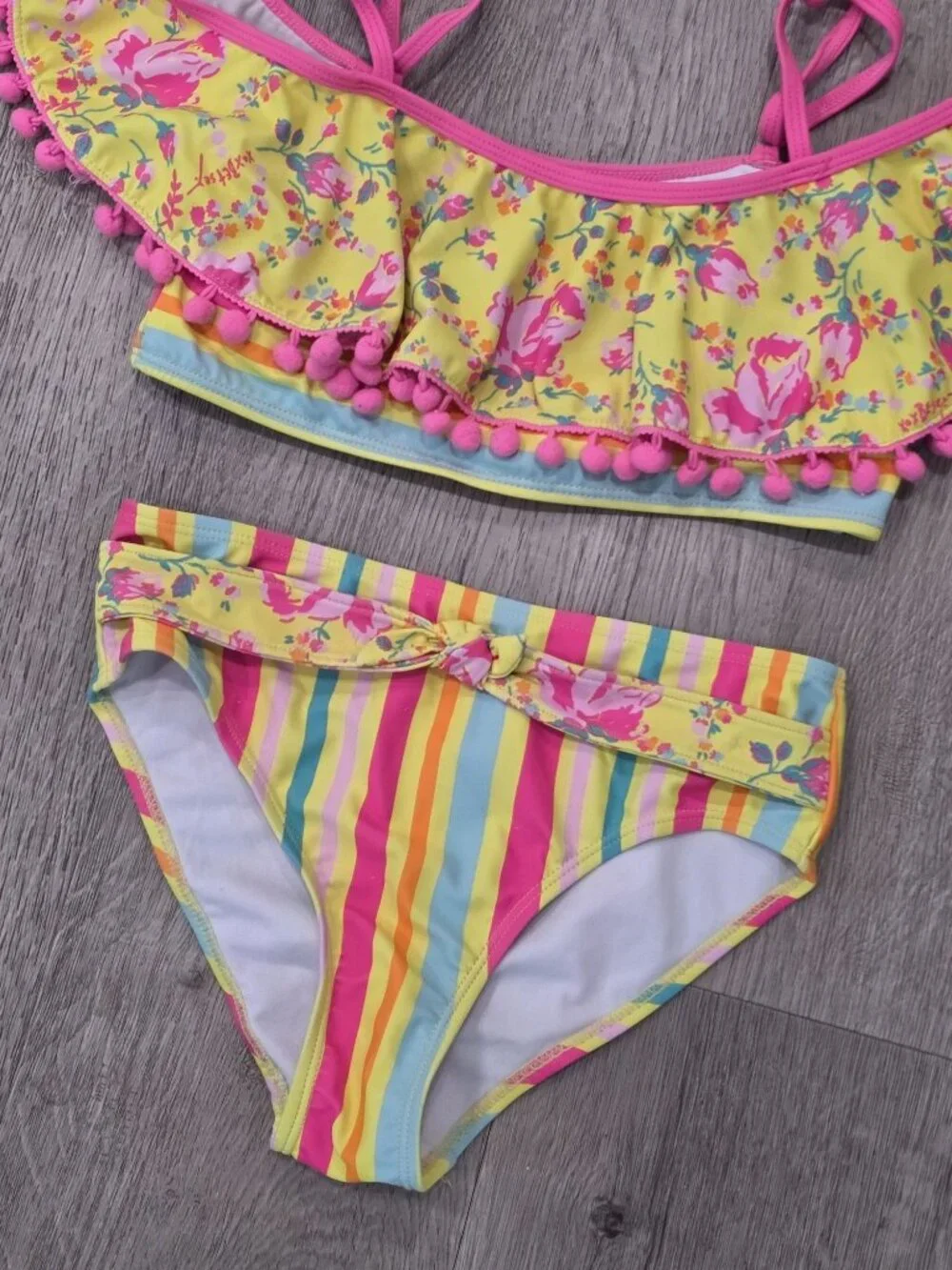 Betsey Johnson Girls XL (14) Yellow & Pink Floral Ruffle Bikini With Pom Pom Tri